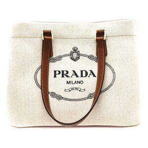 Prada Tote Bag Canvas Leather White Beige Brown